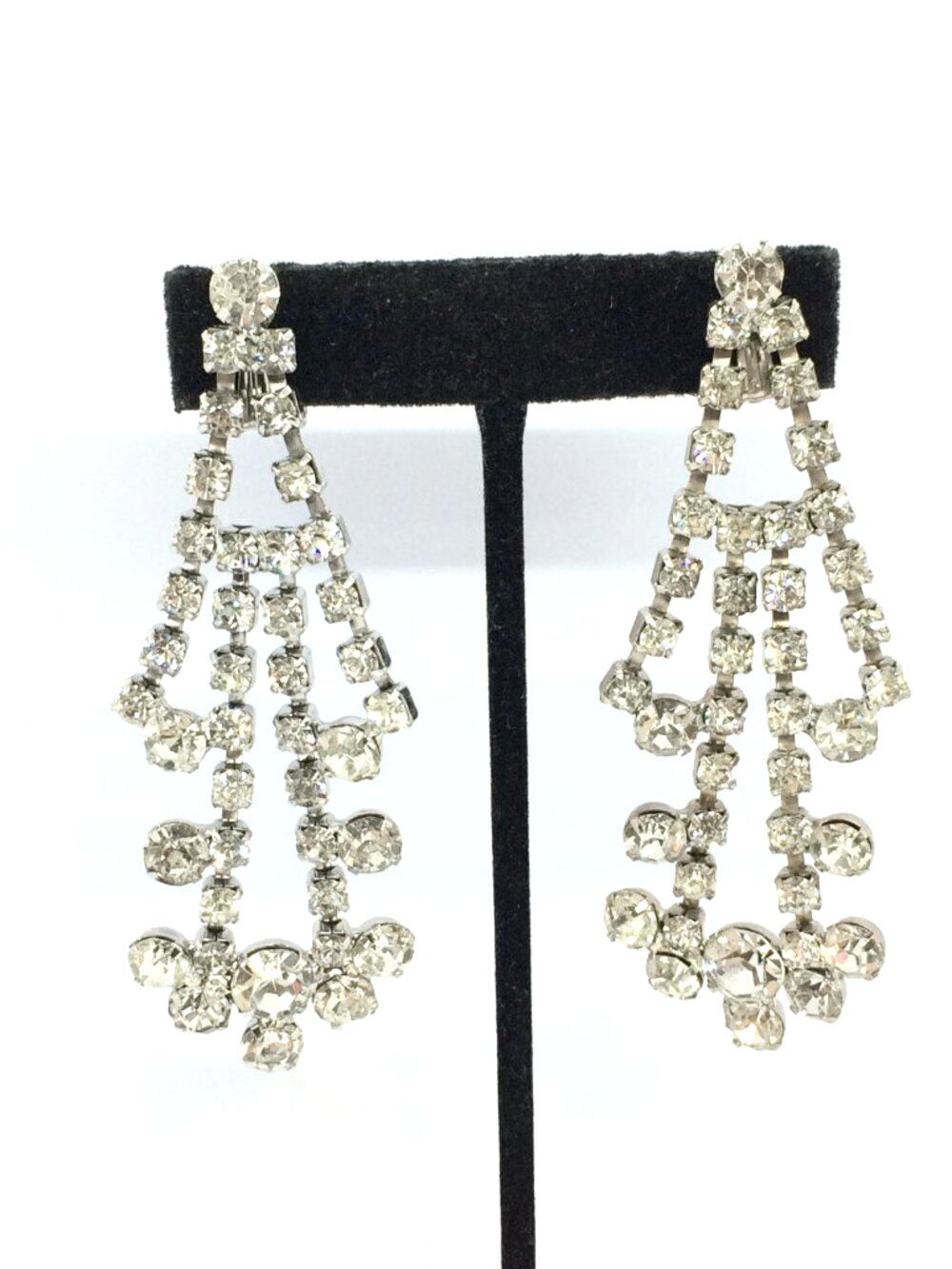 VINTAGE RHINESTONE Earrings Chandelier Long Dangle Party Gatsby Clip On